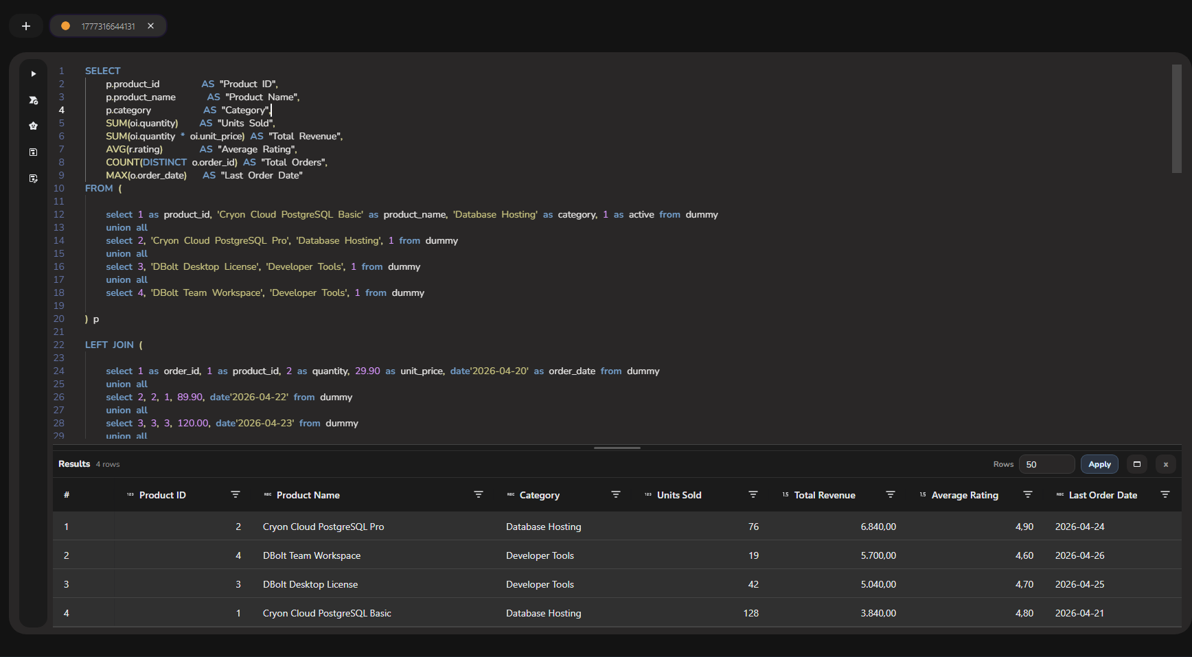 DBolt query editor screenshot